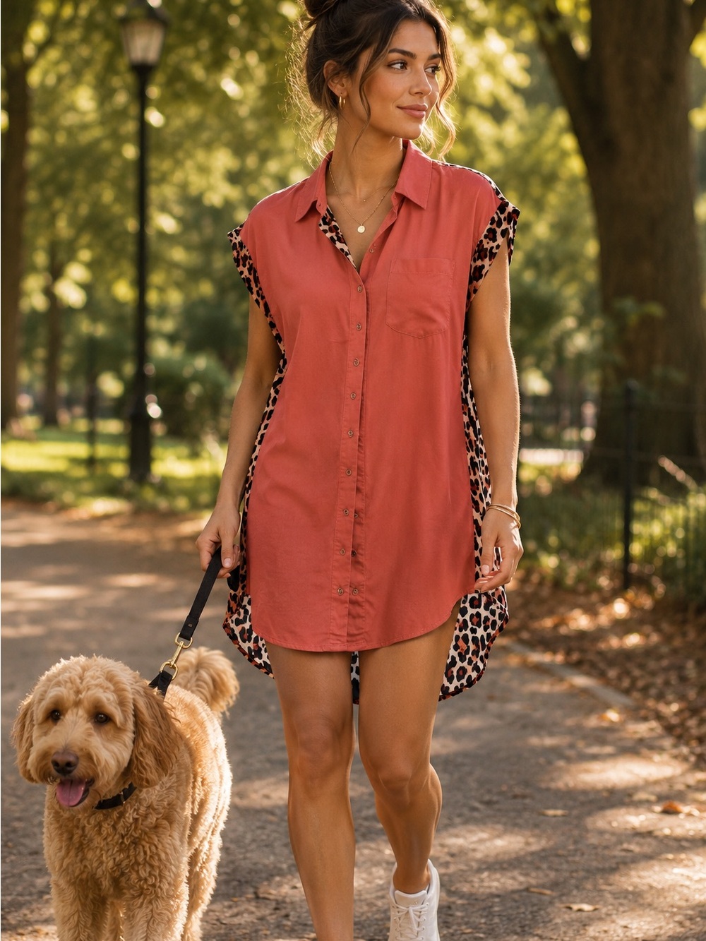 NWT Umgee Coral Leopard Print High-Low Shirt Dress Size Small